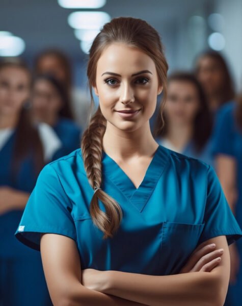 Young confident nursing student standing with her team in hospital, dressed in scrubs, female doctor intern - medical health concept banner